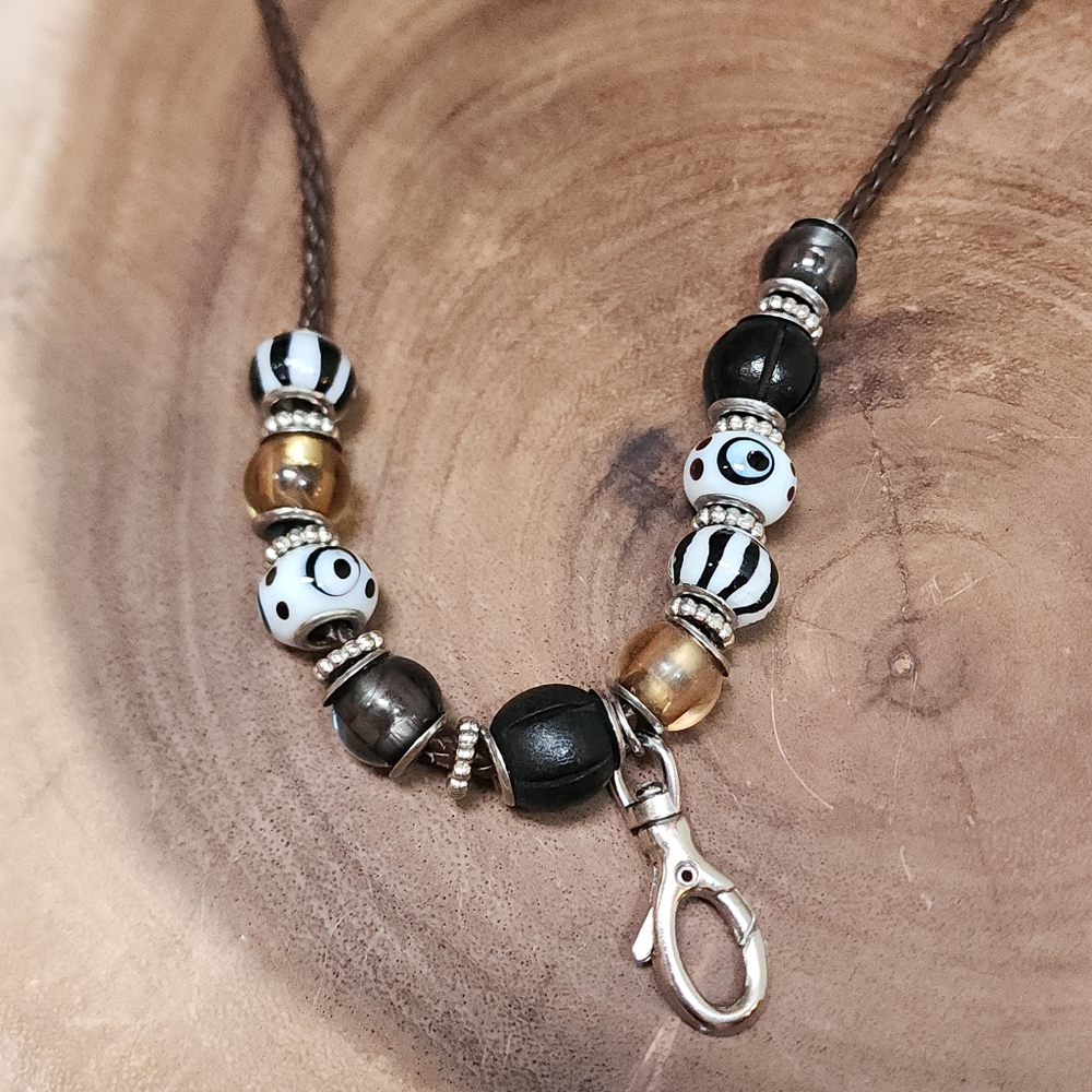 Charm Lanyard Necklace with Black and White Accent Charm Beads 36"